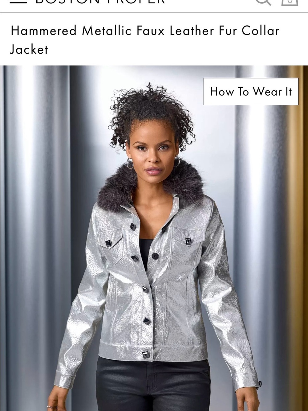 NWOT Hammered Metallic Faux Leather Jacket w/removable Faux Fur Collar - Silver